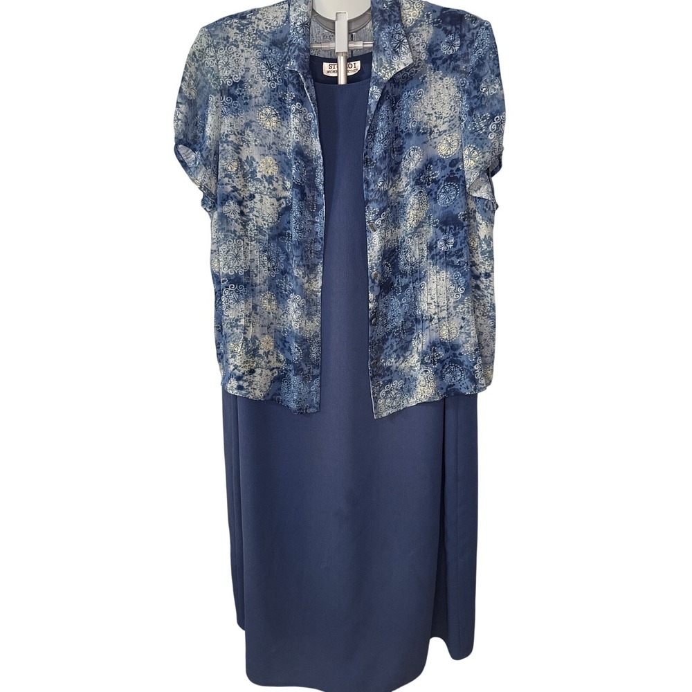 Studio I Women Petite 18WP Blue 2pc Dress Set Batik Print Jacket Navy Sheath